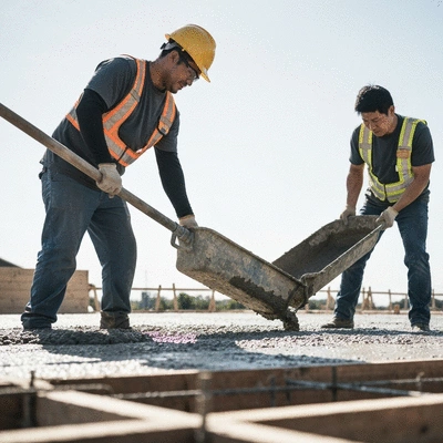 Workers pouring concrete for a residential slab foundation