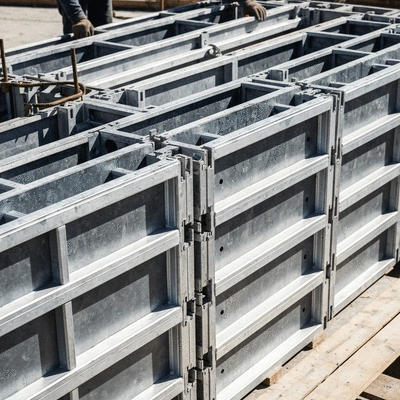 Detailed close-up of aluminum formwork panels being assembled on a construction site