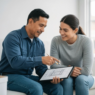 Professional contractor discussing concrete leveling plans with a homeowner, showcasing trust and expertise