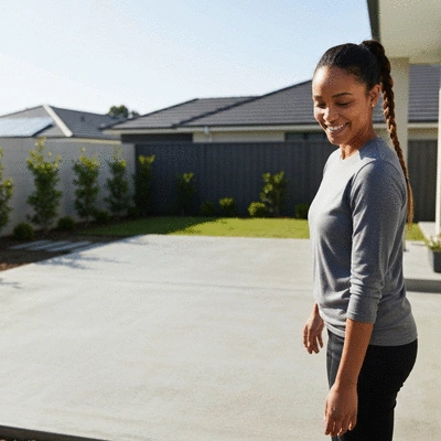 Homeowner inspecting a newly laid concrete slab in a backyard, clean, modern, no text, no words, no typography, 8K