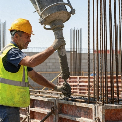 Construction worker overseeing concrete pouring on a building site