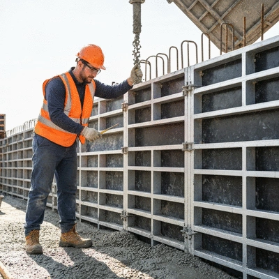 Construction worker inspecting aluminum formwork on a construction site with concrete pouring in progress