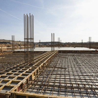Modern construction site with two-way concrete slab being installed, showing rebar and formwork