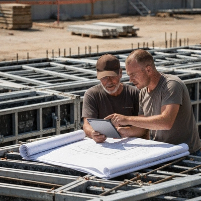 Construction workers discussing plans with a tablet, highlighting collaboration