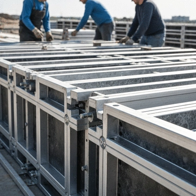 Detailed close-up of modular aluminum formwork panels being assembled on a construction site, with workers in the background, clean image, high resolution