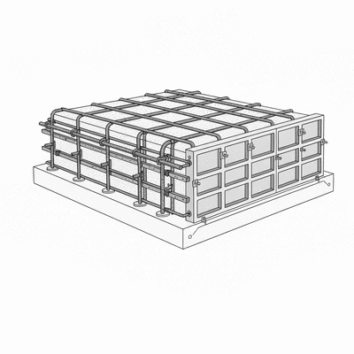 Detailed illustration of concrete slab support elements: footings, reinforcement, and formwork