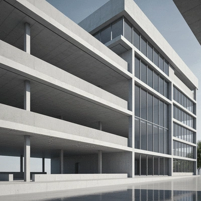 Architectural drawing of a building with visible post-tensioned concrete slabs, showcasing long spans and open spaces, clean image