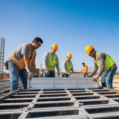 Construction workers assembling lightweight aluminum formwork panels on a construction site for slab pouring, clear blue sky, professional photography, no text, no words, no typography, 8K