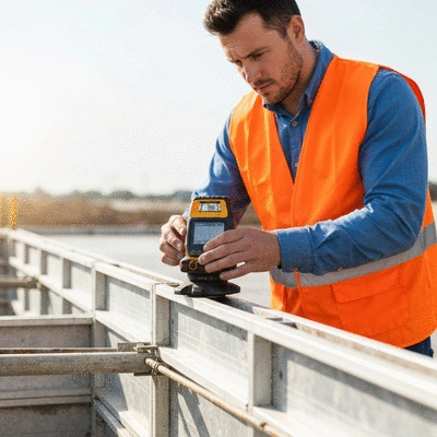 Construction worker using laser level for precision concrete slab pouring, aluminum formwork visible