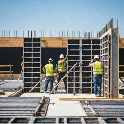 Construction workers installing aluminum formwork in varied weather conditions