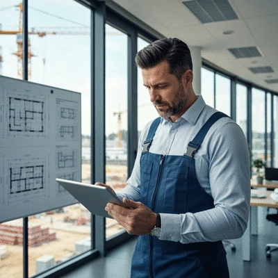 Engineer reviewing load calculation data on a tablet with blueprints in the background