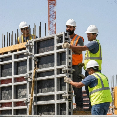 Construction workers managing loads on a modular aluminum formwork system