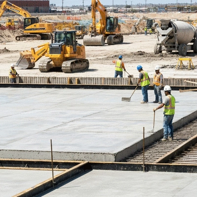 Industrial concrete slab construction site with workers and heavy machinery, no text, no words, no typography, clean image