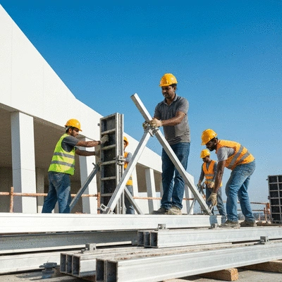 Construction workers assembling lightweight aluminum formwork on a building site