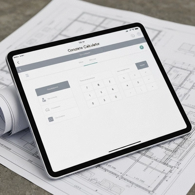 A digital concrete calculator app on a tablet