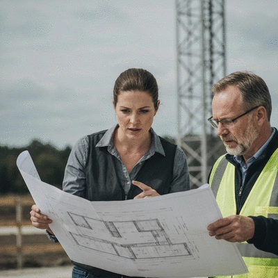 Architect reviewing blueprints with construction team on site, focusing on efficiency and safety