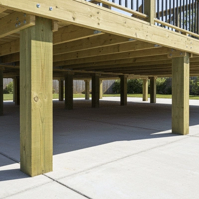 Close-up of a well-supported deck foundation with posts and beams on a concrete slab