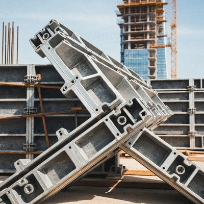 Detailed close-up of interlocking modular aluminum formwork panels on a construction site, clean image, no text, no words, no typography
