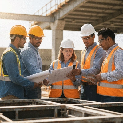 Construction workers collaborating on an aluminum formwork project, reviewing plans on a tablet