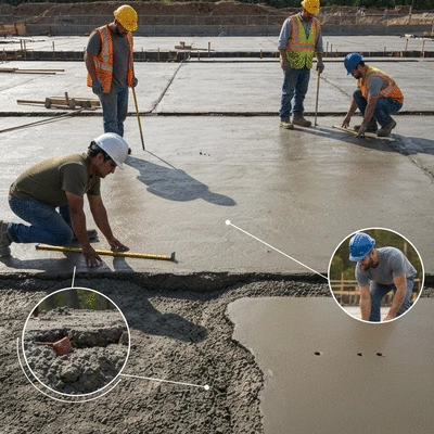 Construction workers inspecting a concrete slab, highlighting potential installation mistakes