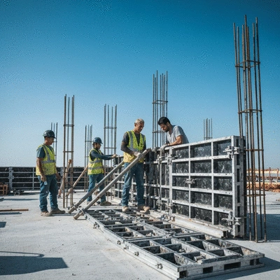 Construction workers assembling modular aluminum formwork on a building site