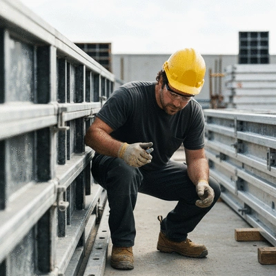 Worker inspecting aluminum formwork for wear and tear