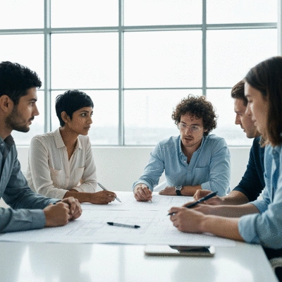 Architects reviewing blueprints and discussing modular formwork options in an office