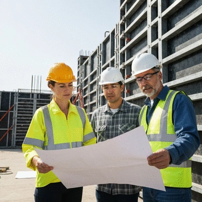 Engineers reviewing blueprints for aluminum formwork installation on a construction site