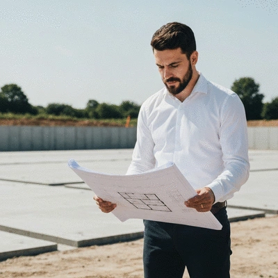 Architect reviewing blueprints on a construction site with a concrete slab in the background, no text, no words, no typography, clean image
