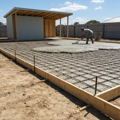 Detailed close-up of a concrete slab being poured for a shed foundation, emphasizing quality and precision