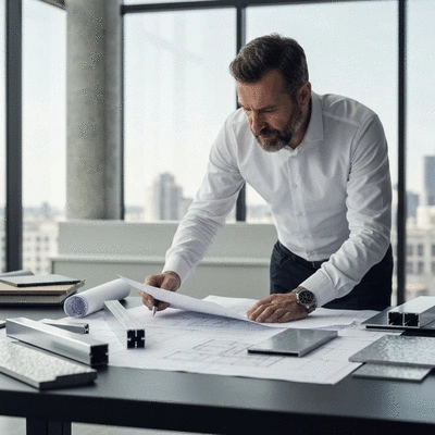 Architect reviewing blueprints with a focus on sustainable construction materials