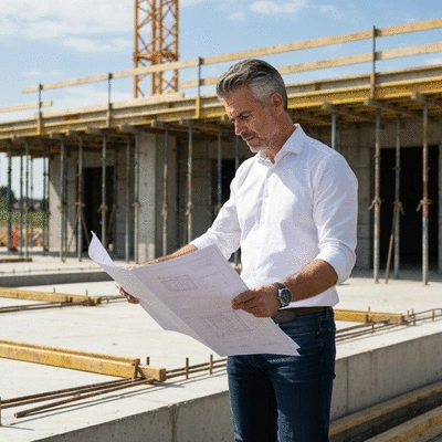 Architect reviewing blueprints on a construction site with temporary support systems
