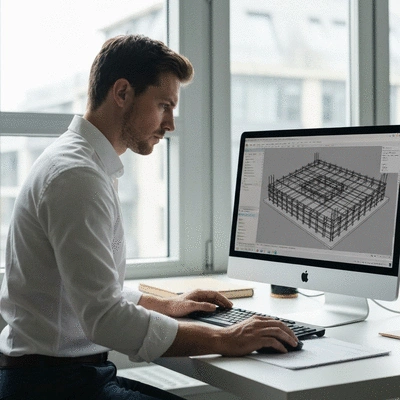 Engineer working on a computer with concrete slab reinforcement design software, showing a 3D model of rebar placement, no text, no words, no typography, 8K