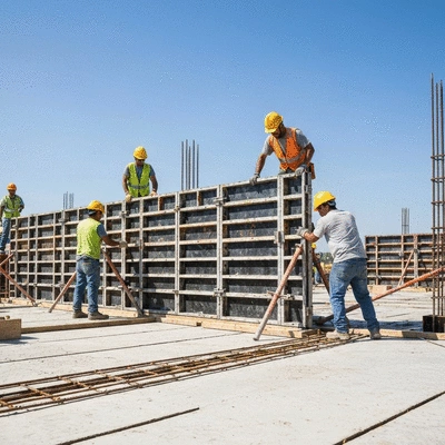 Construction workers assembling aluminum formwork on a concrete slab project