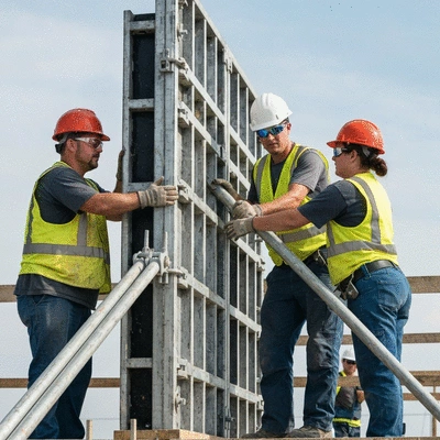 Construction workers installing aluminum formwork on a building site