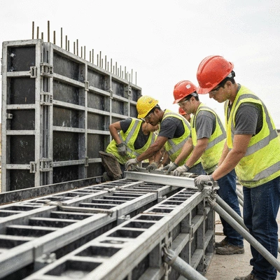 Construction workers performing maintenance on aluminum formwork, ensuring cleanliness and structural integrity, no text, no words, no typography, 8K