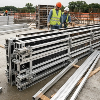 Detailed view of aluminum formwork being assembled on a construction site, with workers in safety gear in the background, no text, no words, no typography, clean image