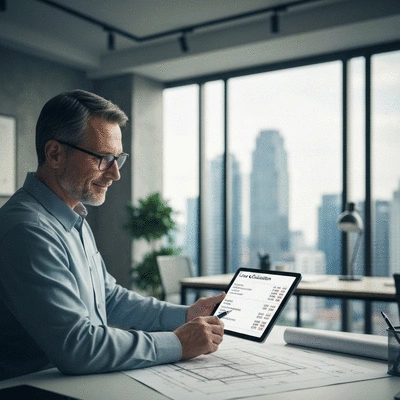 Engineer reviewing blueprints with load calculation data on a tablet