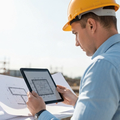 Engineer reviewing concrete slab blueprints with a digital tablet