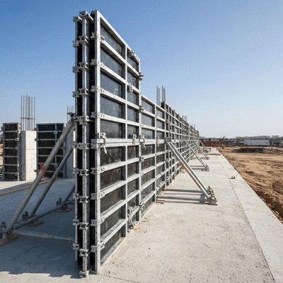 Modern aluminum formwork system set up on a construction site, ready for concrete pouring