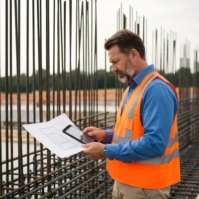 Engineer reviewing rebar layout plans on a tablet at a construction site, with rebar in the background
