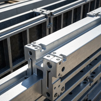 Detailed close-up of aluminum formwork connections on a construction site