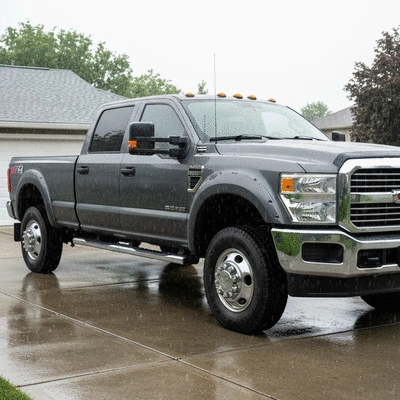 Concrete driveway with a heavy truck parked on it during a light rain, showcasing its load-bearing capacity and weather resistance, no text, no words, no typography, clean image