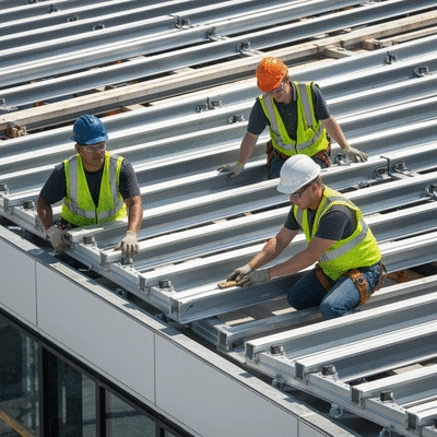 Construction workers assembling modular aluminum slab supports on a high-rise building site