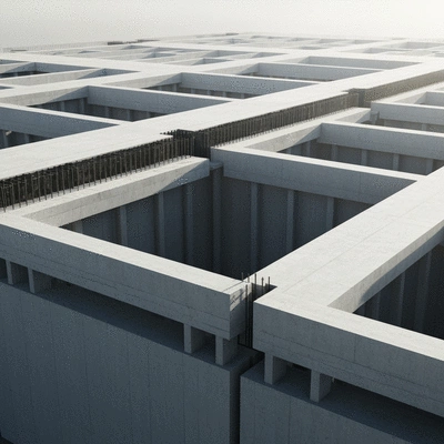 Architectural drawing of a concrete slab with support beams and piers