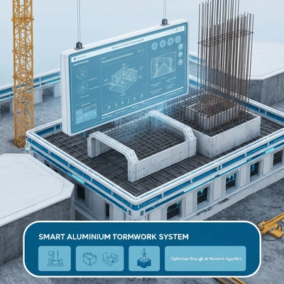 Futuristic construction site with smart aluminum formwork system, digital interface displaying real-time data, AI-optimized designs, clean image, high resolution