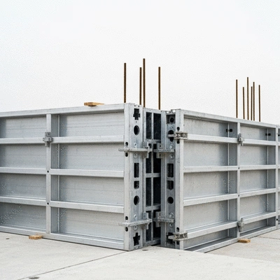 Detailed shot of aluminum formwork panels being assembled on a construction site, clean image, no text, no words, no typography, no labels, clean image