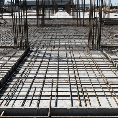 Heavy duty concrete slab under construction with rebar reinforcement