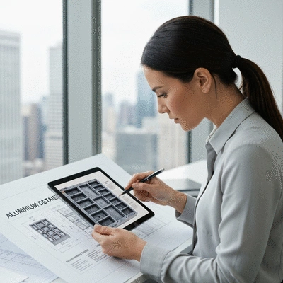 Architect reviewing sustainable construction blueprints with aluminum formwork details on a tablet, modern office environment, professional setting, no text, no words, no typography, 8K