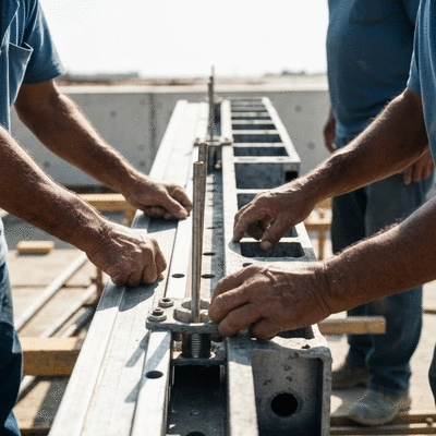 Detailed aluminum formwork panel being assembled on a construction site, with hands working on connections, clean image, no text
